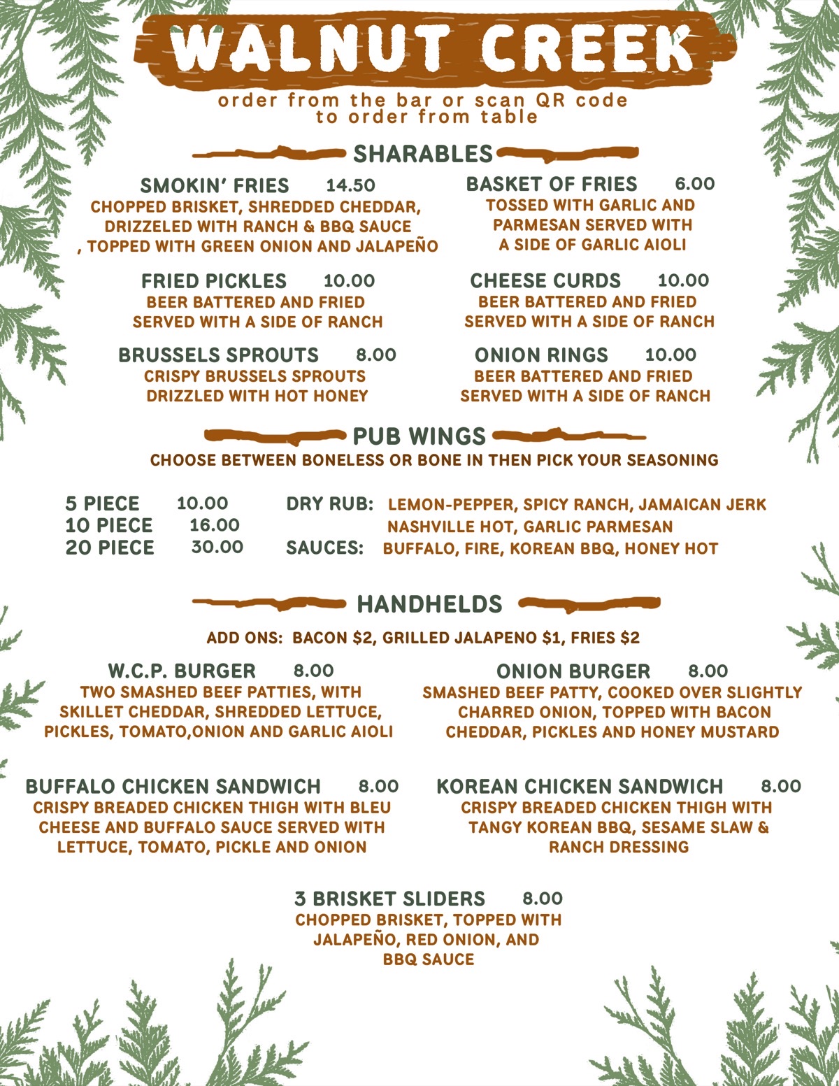 Walnut Creek Pub menu